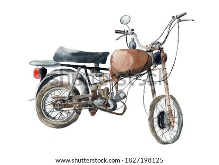 old rusty moped watercolor drawing. the image to be printed on clothing. watercolour. Bitmap illustration isolated on a white background