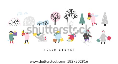 Set with cute animals in winter forest. Isolated objects on white. Hand drawn vector illustration. Concept kids print. Vector hand drawn illustration