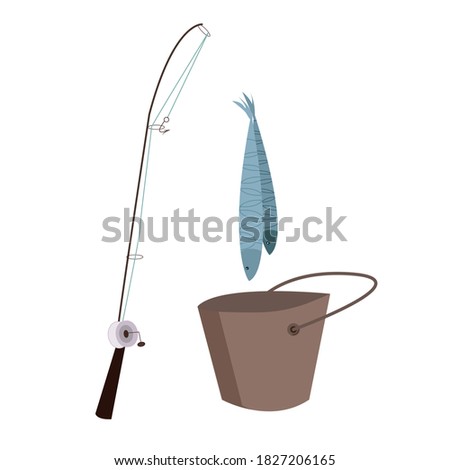 Fishing rods and fresh fishes. Successful fishing. Bucket of fish. Vector colorful illustration isolated on white