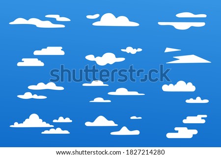 Set of Beautiful clouds on a blue background. Design elements, different styles, airspace. White clouds on a gradient background.