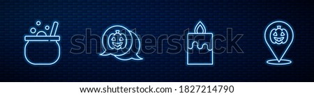 Set line Burning candle, Halloween witch cauldron, Pumpkin and . Glowing neon icon on brick wall. Vector