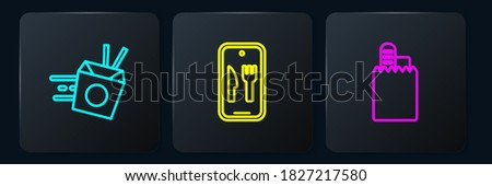 Set line Online ordering noodles delivery, and and . Black square button. Vector