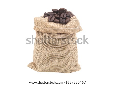 Coffee beans in burlap sack isolated on white background