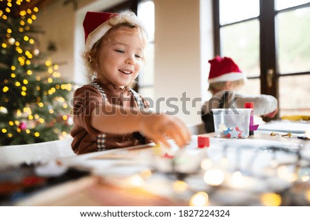 Portrait of small girl and boy indoors at home at Christmas, painting pictures.