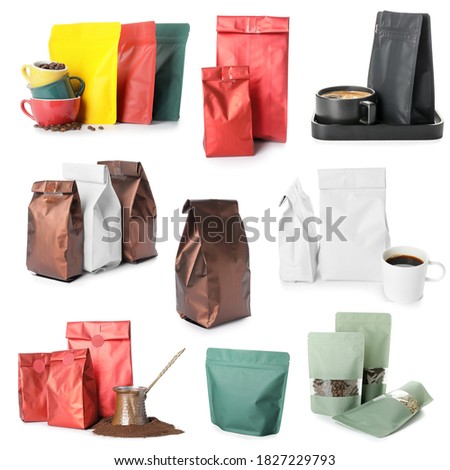 Collage with different paper bags for coffee on white background