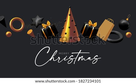 Happy New 2021 Year and Merry Christmas banner. 3D Xmas design with fir tree and gifts. Elegant black and gold render. Realistic party poster.