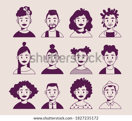 African American smiling faces, linear art, modern young African American minimalistic avatars. Hand drawn vector illustration with cartoon people faces in modern style. Isolated on light background