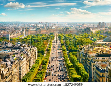 View on Avenue des Champs Elysees from Arc de Triomphe in Paris, France Royalty-Free Stock Photo #1827249059