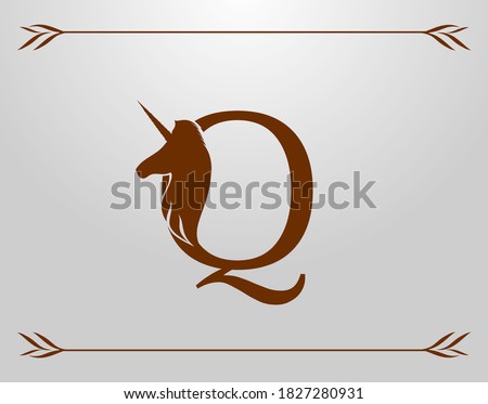 Capital Letter Q with a Unicorn. Royal Logo. King Stallion in Jump. Unicon Letter Icon. Stylish Graphic Template Design