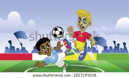 cartoon soccer kids playing soccer game in the field