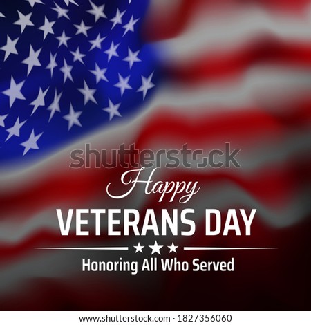 Happy veterans day banner, greeting card. Waving american flag on a dark background. National holiday of the USA veterans day 11 November. Poster, typography design, vector illustration