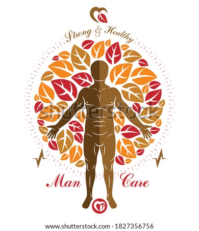 Vector illustration of athletic man created as a continuation of autumn tree. Human and nature harmony metaphor, naturopathy.