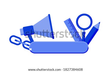 Search engine optimization tools like measurement, web links, search, optimization as parts of swiss army knife. SEO tools concept. Vector illustration. Royalty-Free Stock Photo #1827384608