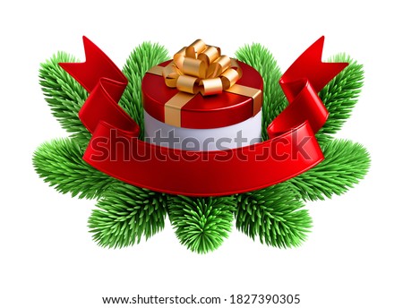 3d render, red ribbon with green spruce and Christmas gift box. Festive seasonal clip art isolated on white background. Holiday greeting card blank mockup