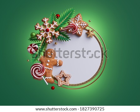 3d render, Christmas greeting card mockup. Round frame with copy space, decorated with festive ornaments, gingerbread man, cookies, caramel candy cane, fir tree twigs; isolated on green background
