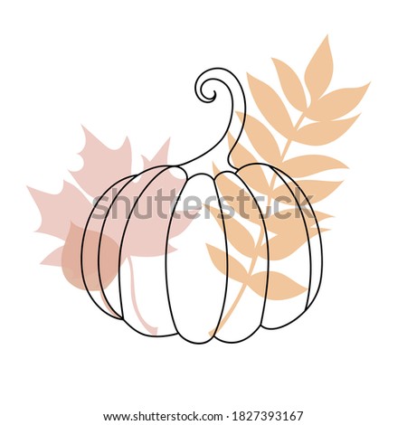 Pumpkin in a hand drawn linear style with colorful autumn leaves. Isolated on white.