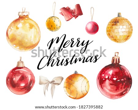 Watercolor Christmas tree balls decor. Hand painted holiday objects: red and gold glass balls, bow. Set isolated on white background. 