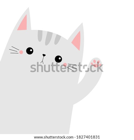 Cat animal. Kitten kitty waving hand. Cute cartoon funny kawaii character. Childish baby collection. T-shirt, greeting card, poster template print. Flat design. White background