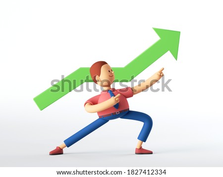 3d render. Man cartoon character with growing chart, ascending graph, green arrow goes up. Business clip art isolated on white background.