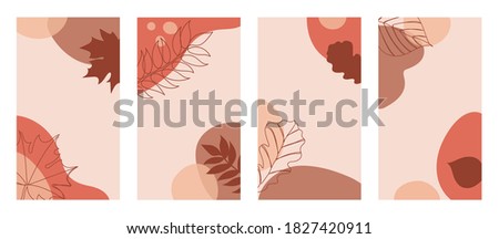 Four vertical backgrounds with autumn leaves in a hand drawn linear style on colorful abstract background.