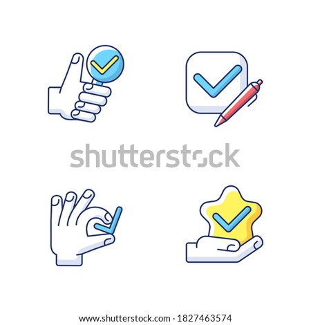 Review checkmark RGB color icons set. Questionnaire evaluation. Tick in checkbox. Star quality. Investigation completed. Research confirmation. Choose correct. Isolated vector illustrations