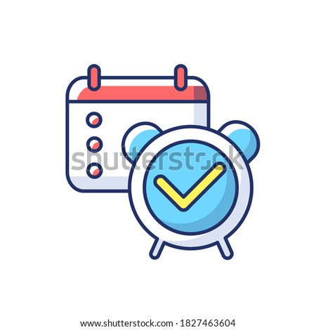 Reminder check RGB color icon. Organizer checkmark. Meeting date in calendar. Schedule planning. Tick with mark. Alarm clock. Deadline countdown. Office planning. Isolated vector illustration