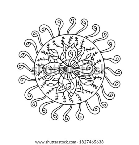 Round element for coloring book. Vector botanical Mandala, hand drawn illustration, black and white,circle floral ornament, original design