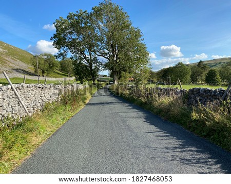 Country road, with dry stone walls, grass verges, and old trees, leading to, Arncliffe, Skipton, UK