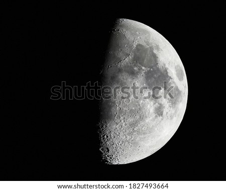 High detail photo of the Moon at 1600mm focal length on a clear sky night, first quarter phase, half lit