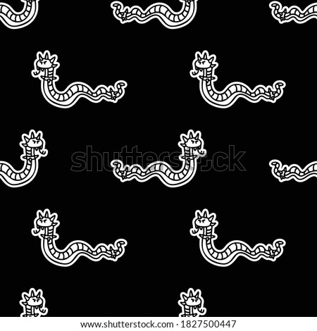 Cute punk rock snake monochrome lineart on black background vector pattern. Grungy alternative checkered home decor with cartoon animal. Seamless rocker attitude all over print. 