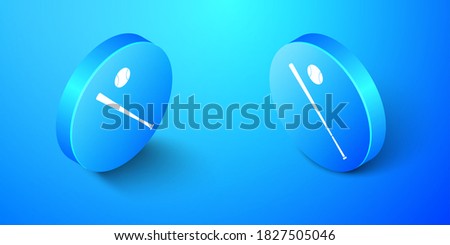 Isometric Baseball ball and bat icon isolated on blue background. Blue circle button. Vector.