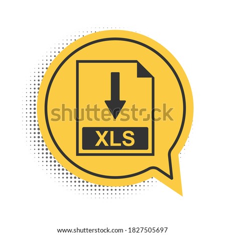 Black XLS file document icon. Download XLS button icon isolated on white background. Yellow speech bubble symbol. Vector.