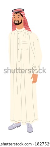 Arabian man. Vector smiling arabian man in traditional clothes and headdress isolated on white background. Middle east outfit fashion illustration