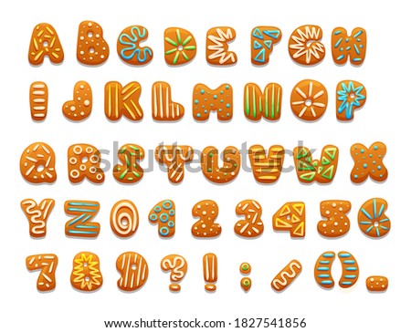 Christmas and New Year holidays gingerbread cookies alphabet. Xmas cartoon cookies alphabet, sweet winter food with decorated glazed sugar, arabic numbers, signs, covered icing-sugar vector
