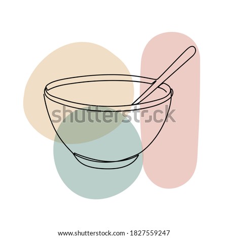 Bowl with a spoon in a hand drawn linear style with colorful abstract stains. Isolated on white. Vector illustration