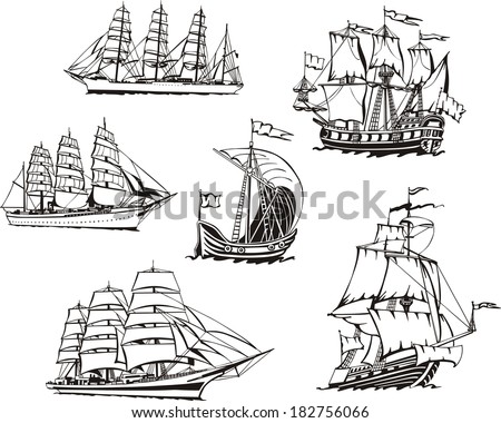 Black and white sketches of sailing ships. Set of vector illustrations. Royalty-Free Stock Photo #182756066