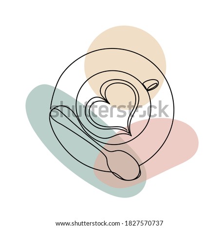 Cup of coffee with a heart shape in a hand drawn linear style with colorful abstract stains. Isolated on white.
