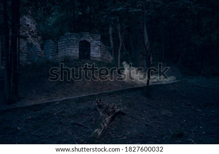 Halloween concept picture with mimic ghost near castle ruins in forest in night time dark blue toning style 