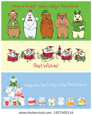 Vector illustration of christmas cats, pigs, rats and dogs with Christmas and new year greetings. Cute pets with holiday hats and presents.