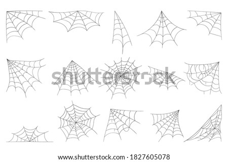Cobweb collection isolated on white background. Line art, sketch style spider web elements, spooky, scary image. Gossamer. Spiderweb outline sign. Black and white vector illustration. Royalty-Free Stock Photo #1827605078