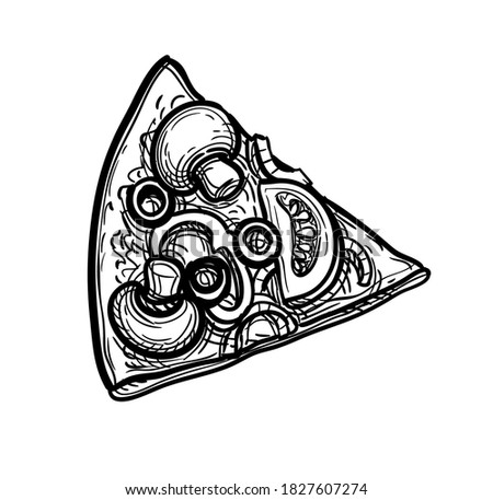 Sliced vegetarian pizza topped with mushrooms, olives and arugula. Ink sketch isolated on white background. Hand drawn vector illustration. Retro style.