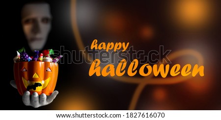 happy halloween card with a ghost giving candy