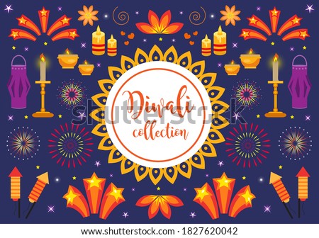 Diwali icon set, holiday lights in india. Collection of design elements with candles, fireworks, paper lantern, stars, rockets. Vector illustration, clip art
