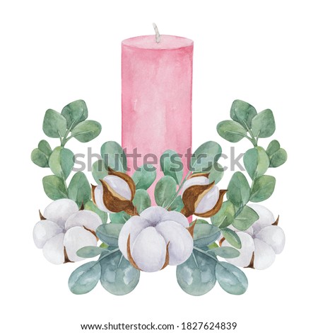 Pink candle decorated with eucalyptus and cotton watercolor illustration. Hand painted holiday composition isolated on white background.