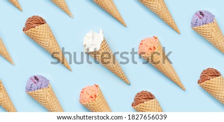 Seamless background with various ice cream over blue backdrop. Flat lay