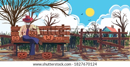A scarecrow wear mask and dress like a farmer sits on a bench with five pumpkins with background fields and blue sky decorate for halloween party celebration  , illustration picture. 