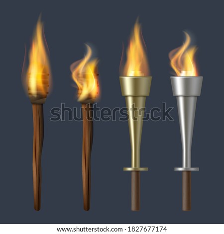 Fire torch. Realistic flame torches, bonfire vector illustrations