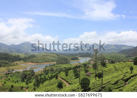 Tea Gardens of Munnar in Kerala. This wide angle photo provides the view of mountains, river, sky, clouds and tea gardens on a bright sunny day.