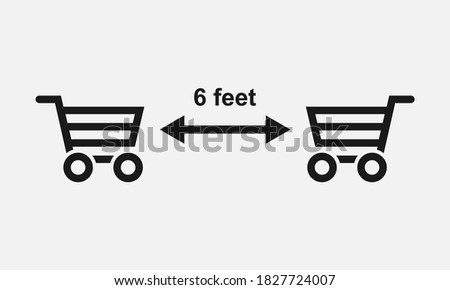 6 feet social distancing in supermarket black and white vector icon.