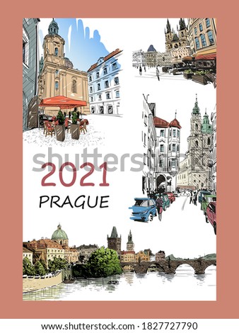 Calendar cover. Prague. Czech.  2021 year. Hand drawn vector illustration.